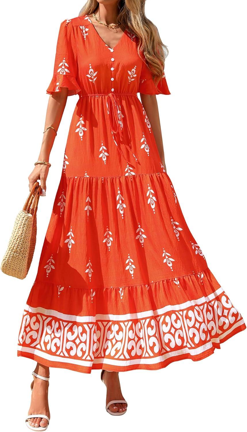 imageBTFBM Womens Summer Dresses 2026 Spring Casual Short Sleeve v Neck Boho Floral Flowy ALine Tiered Maxi Dress PocketsFloral Orange Red Apricot