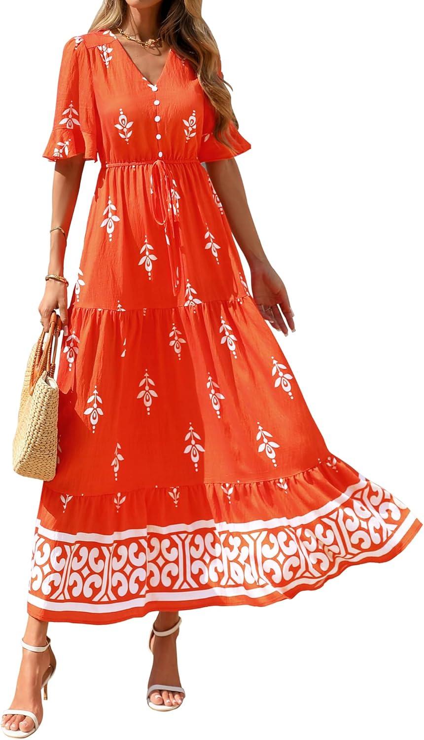 imageBTFBM Womens Summer Dresses 2026 Spring Casual Short Sleeve v Neck Boho Floral Flowy ALine Tiered Maxi Dress PocketsFloral Orange Red Apricot