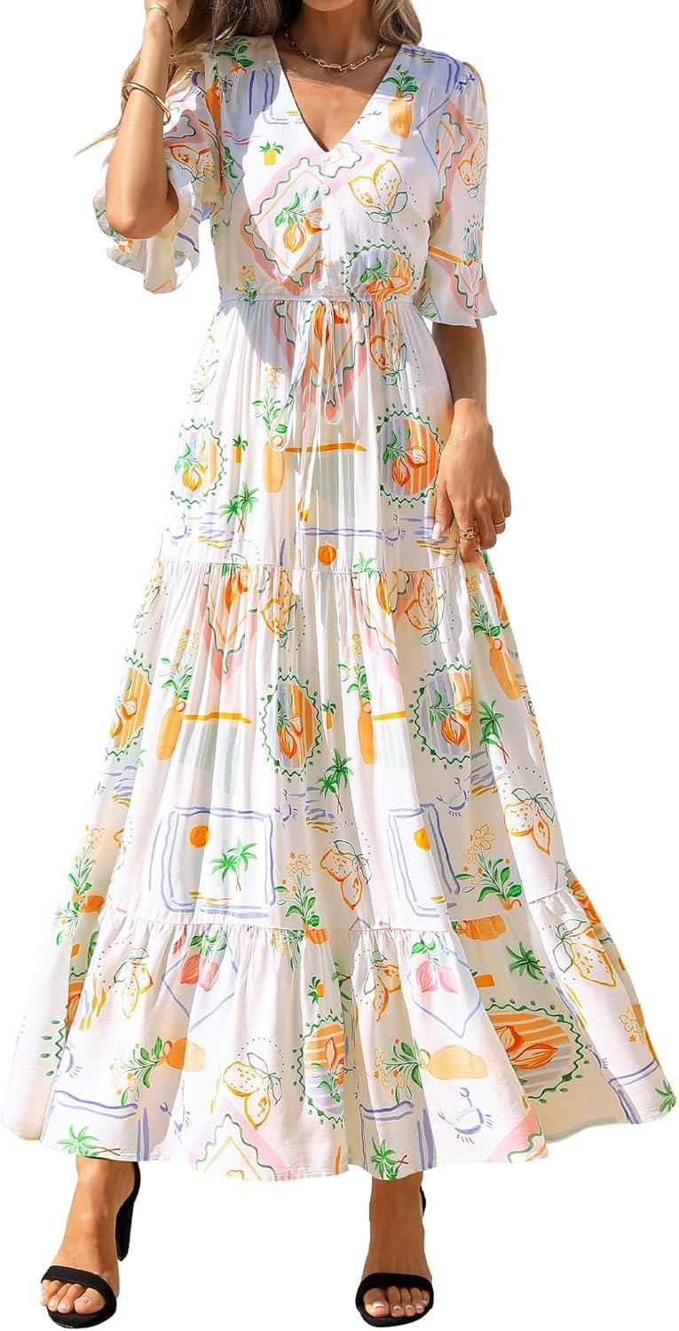 imageBTFBM Womens Summer Dresses 2026 Spring Casual Short Sleeve v Neck Boho Floral Flowy ALine Tiered Maxi Dress PocketsFloral White Multi