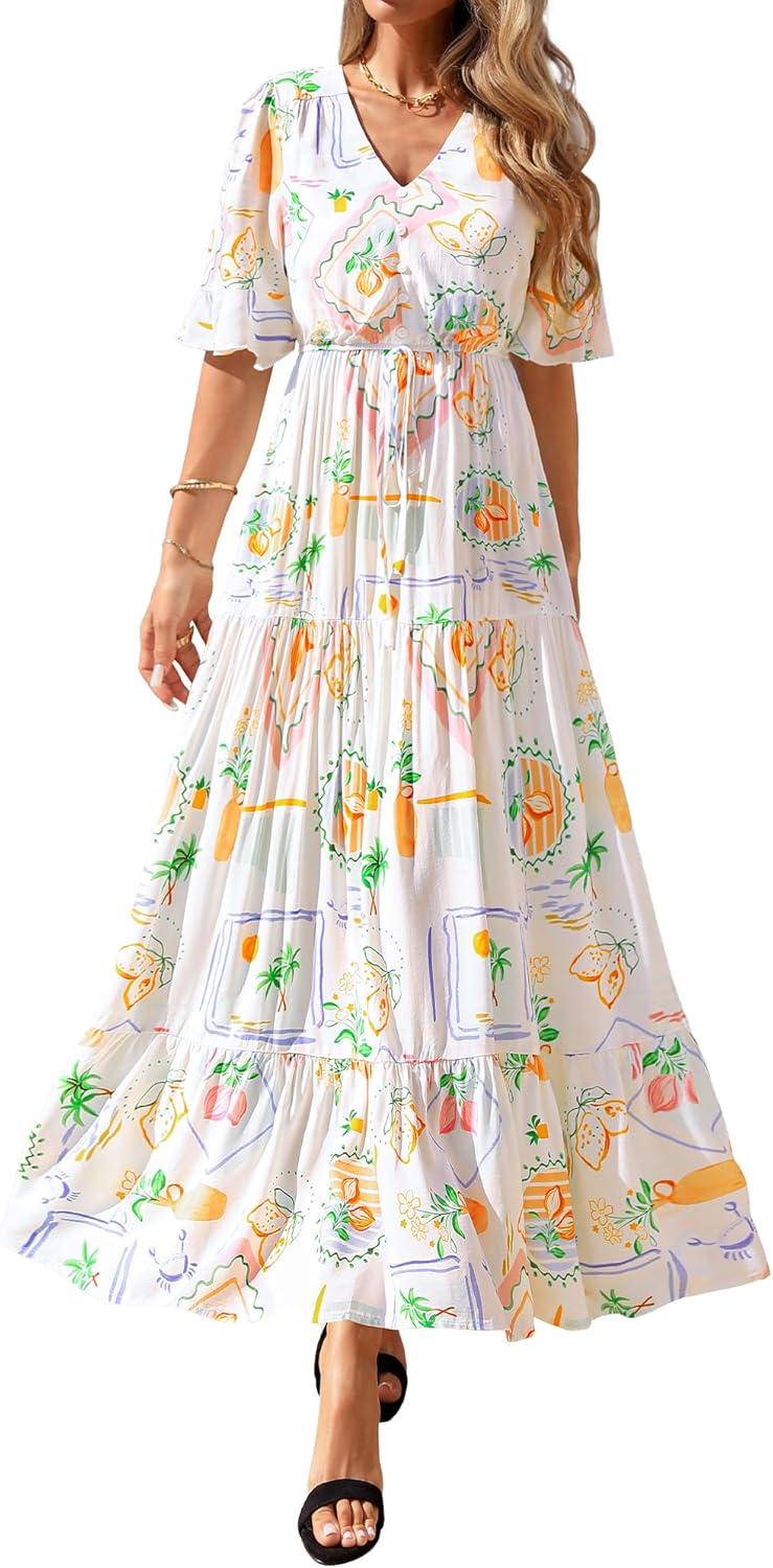 imageBTFBM Womens Summer Dresses 2026 Spring Casual Short Sleeve v Neck Boho Floral Flowy ALine Tiered Maxi Dress PocketsFloral White Multi