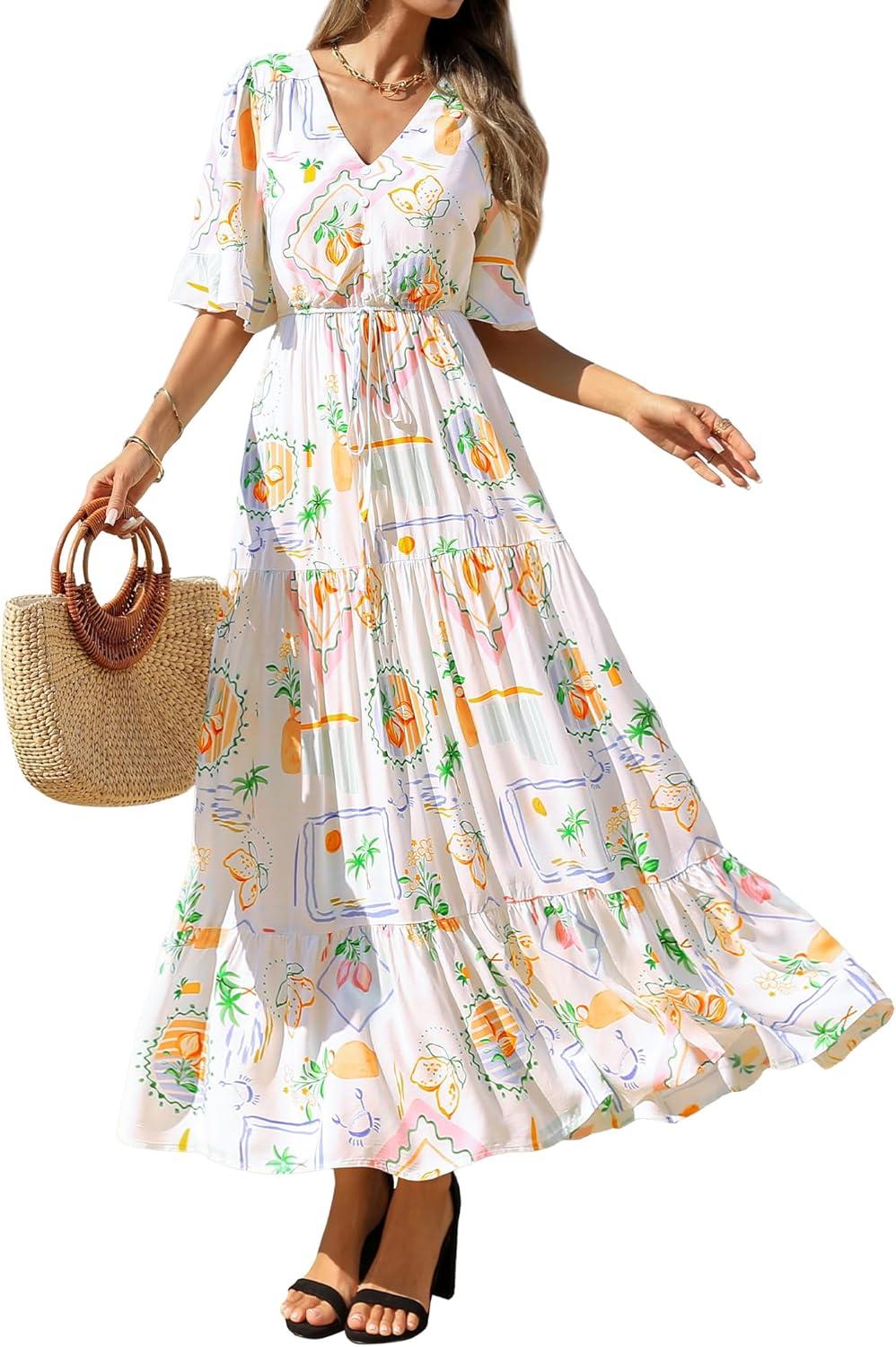 imageBTFBM Womens Summer Dresses 2026 Spring Casual Short Sleeve v Neck Boho Floral Flowy ALine Tiered Maxi Dress PocketsFloral White Multi