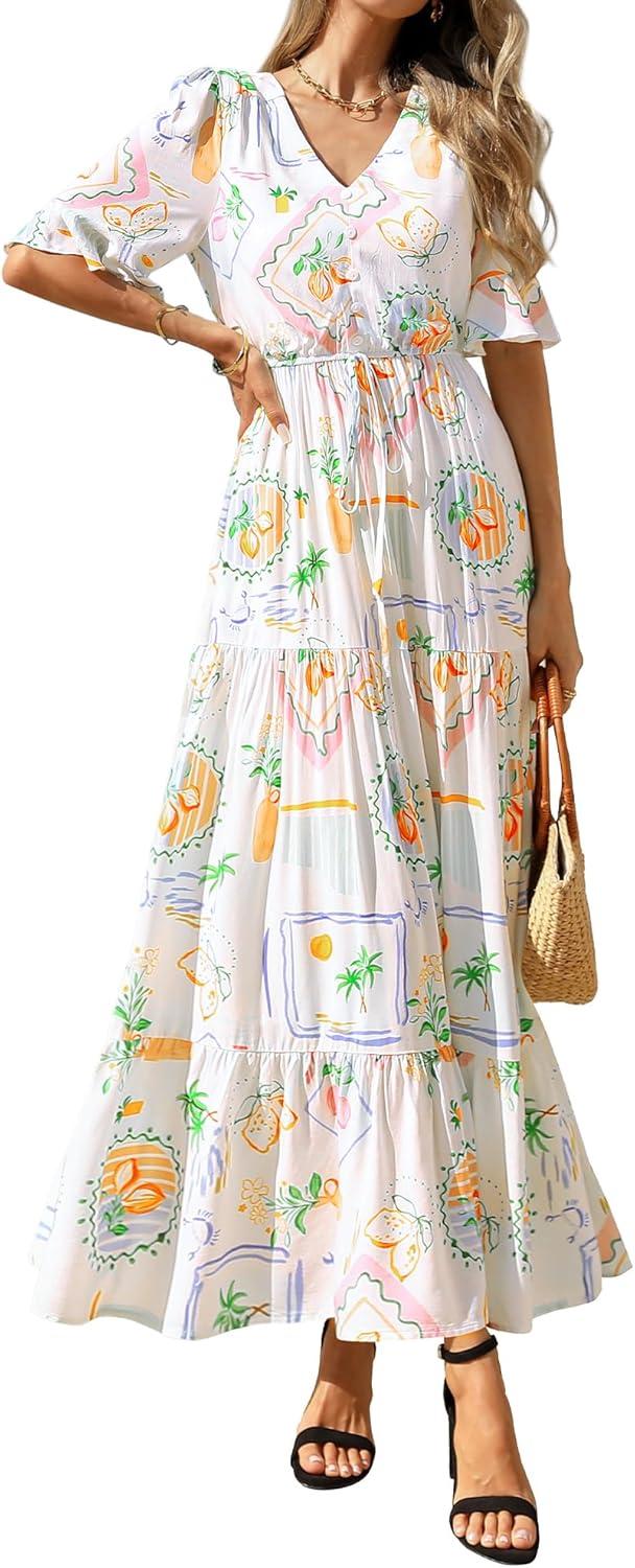 imageBTFBM Womens Summer Dresses 2026 Spring Casual Short Sleeve v Neck Boho Floral Flowy ALine Tiered Maxi Dress PocketsFloral White Multi