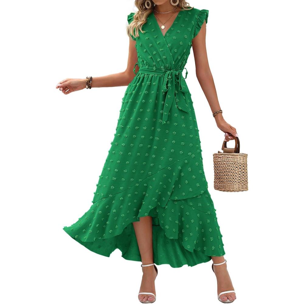 imageBTFBM Boho Dresses for Women 2026 Summer Fashion Cap Sleeve Swiss Dot Flowy Ruffle Beach Wedding Cocktail Maxi DressGreen