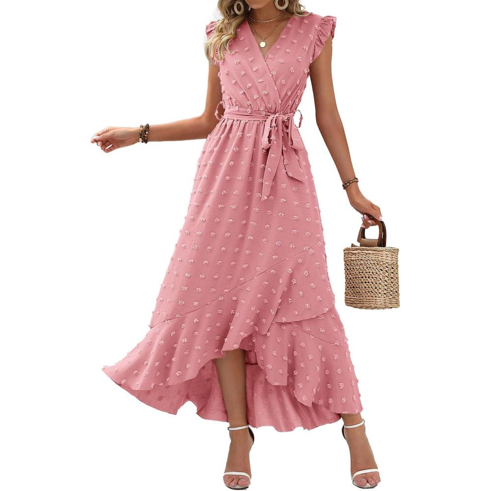 imageBTFBM Boho Dresses for Women 2026 Summer Fashion Cap Sleeve Swiss Dot Flowy Ruffle Beach Wedding Cocktail Maxi DressLight Pink