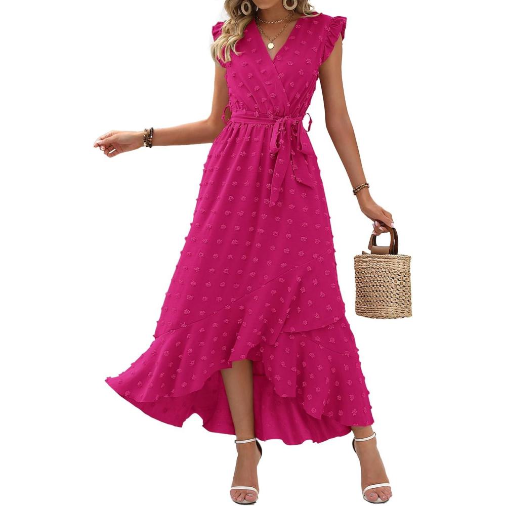 imageBTFBM Boho Dresses for Women 2026 Summer Fashion Cap Sleeve Swiss Dot Flowy Ruffle Beach Wedding Cocktail Maxi DressRose Red