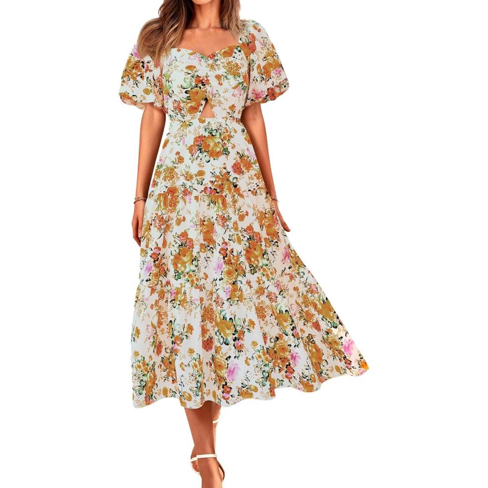 imageBTFBM Summer Dresses for Women 2026 Spring Outfits Beach Vacation Short Sleeve Smocked Boho Casual Floral Maxi DressFloral White Orange
