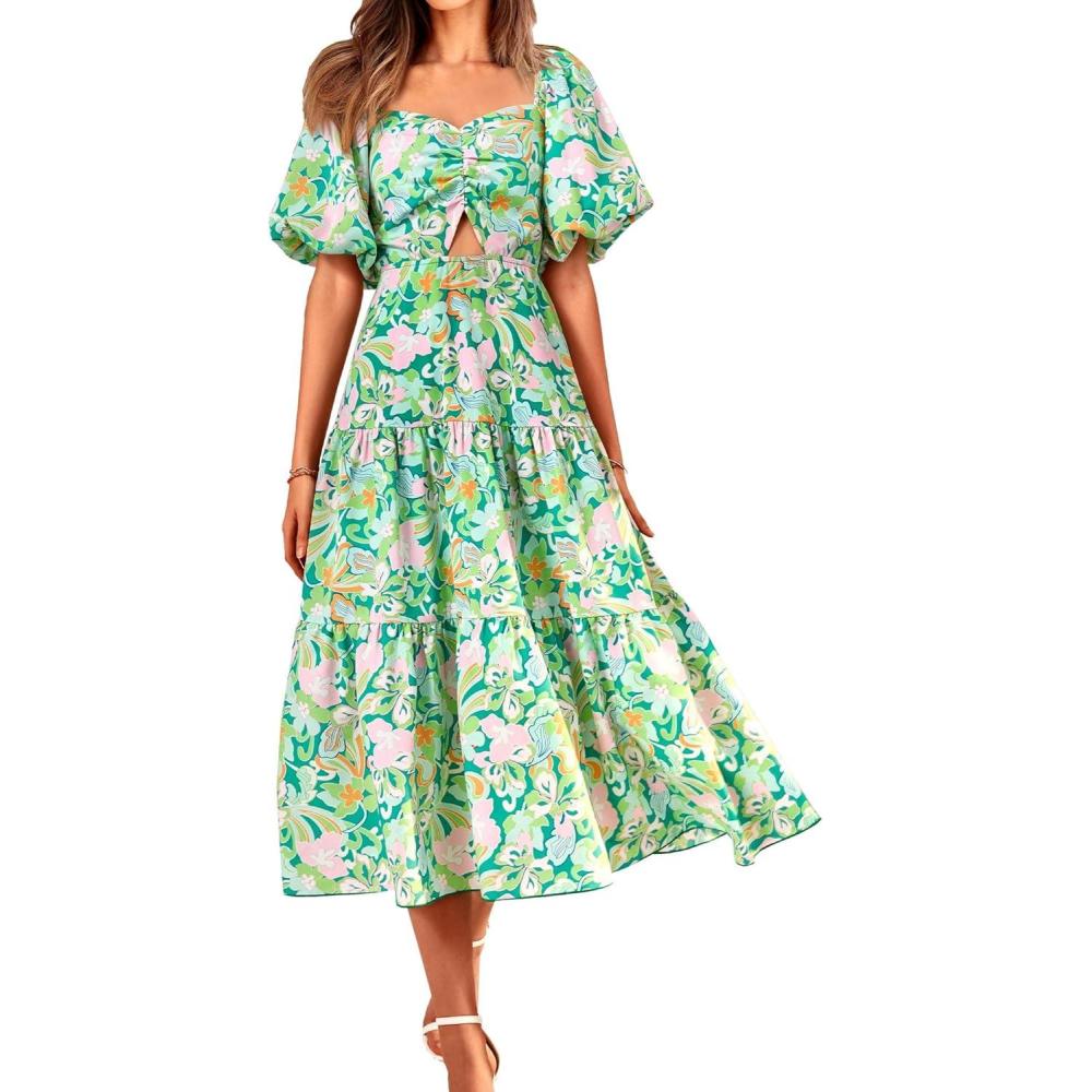 imageBTFBM Summer Dresses for Women 2026 Spring Outfits Beach Vacation Short Sleeve Smocked Boho Casual Floral Maxi DressPrint Green