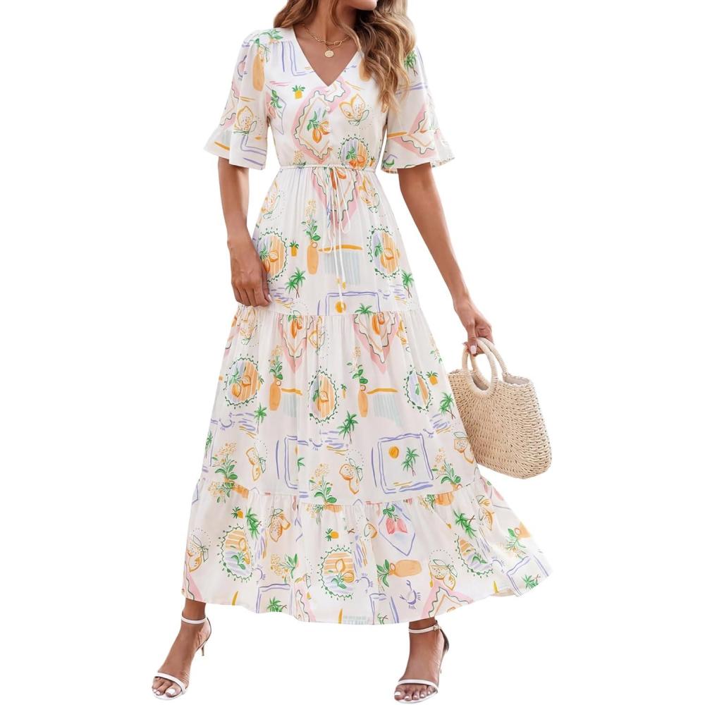 imageBTFBM Womens Summer Dresses 2026 Spring Casual Short Sleeve v Neck Boho Floral Flowy ALine Tiered Maxi Dress PocketsFloral White Multi