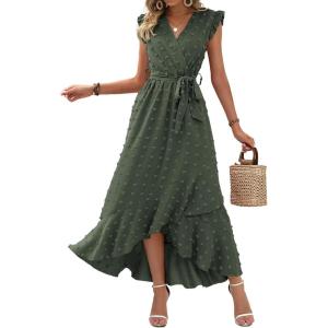 BTFBM Boho Dresses for Women 2026 Summer Fashion Cap Sleeve Swiss Dot Flowy Ruffle Beach Wedding Cocktail Maxi Dress(Army Green)