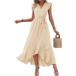 BTFBM Boho Dresses for Women 2026 Summer Fashion Cap Sleeve Swiss Dot Flowy Ruffle Beach Wedding Cocktail Maxi Dress(Beige)