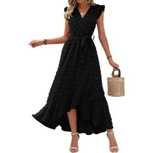 BTFBM Boho Dresses for Women 2026 Summer Fashion Cap Sleeve Swiss Dot Flowy Ruffle Beach Wedding Cocktail Maxi Dress(Black)