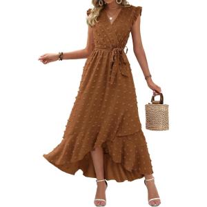 BTFBM Boho Dresses for Women 2026 Summer Fashion Cap Sleeve Swiss Dot Flowy Ruffle Beach Wedding Cocktail Maxi Dress(Brown)