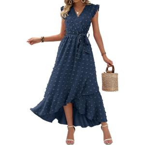 BTFBM Boho Dresses for Women 2026 Summer Fashion Cap Sleeve Swiss Dot Flowy Ruffle Beach Wedding Cocktail Maxi Dress(Navy)