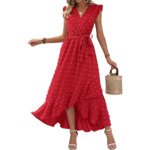 BTFBM Boho Dresses for Women 2026 Summer Fashion Cap Sleeve Swiss Dot Flowy Ruffle Beach Wedding Cocktail Maxi Dress(Red)