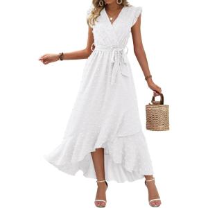 BTFBM Boho Dresses for Women 2026 Summer Fashion Cap Sleeve Swiss Dot Flowy Ruffle Beach Wedding Cocktail Maxi Dress(White)