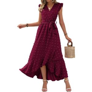 BTFBM Boho Dresses for Women 2026 Summer Fashion Cap Sleeve Swiss Dot Flowy Ruffle Beach Wedding Cocktail Maxi Dress(Wine Red)
