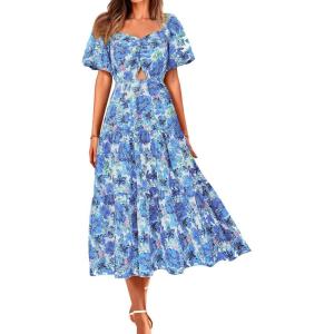 BTFBM Summer Dresses for Women 2026 Spring Outfits Beach Vacation Short Sleeve Smocked Boho Casual Floral Maxi Dress(Floral Blue)
