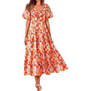 BTFBM Summer Dresses for Women 2026 Spring Outfits Beach Vacation Short Sleeve Smocked Boho Casual Floral Maxi Dress(Floral White Red)