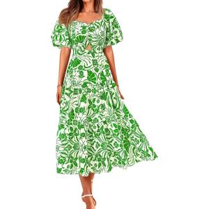 BTFBM Summer Dresses for Women 2026 Spring Outfits Beach Vacation Short Sleeve Smocked Boho Casual Floral Maxi Dress(Print Grass Green)