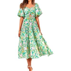 BTFBM Summer Dresses for Women 2026 Spring Outfits Beach Vacation Short Sleeve Smocked Boho Casual Floral Maxi Dress(Print Green)