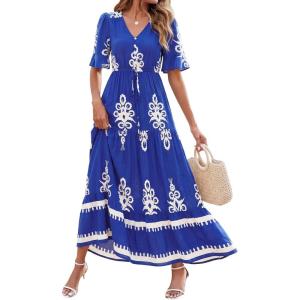 BTFBM Womens Summer Dresses 2026 Spring Casual Short Sleeve v Neck Boho Floral Flowy A-Line Tiered Maxi Dress Pockets(Floral Blue White)
