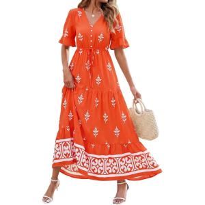 BTFBM Womens Summer Dresses 2026 Spring Casual Short Sleeve v Neck Boho Floral Flowy A-Line Tiered Maxi Dress Pockets(Floral Orange Red Apricot)