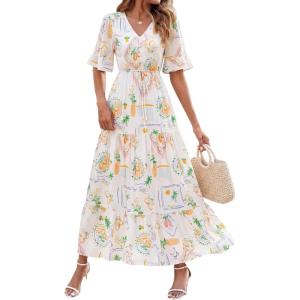 BTFBM Womens Summer Dresses 2026 Spring Casual Short Sleeve v Neck Boho Floral Flowy A-Line Tiered Maxi Dress Pockets(Floral White Multi)