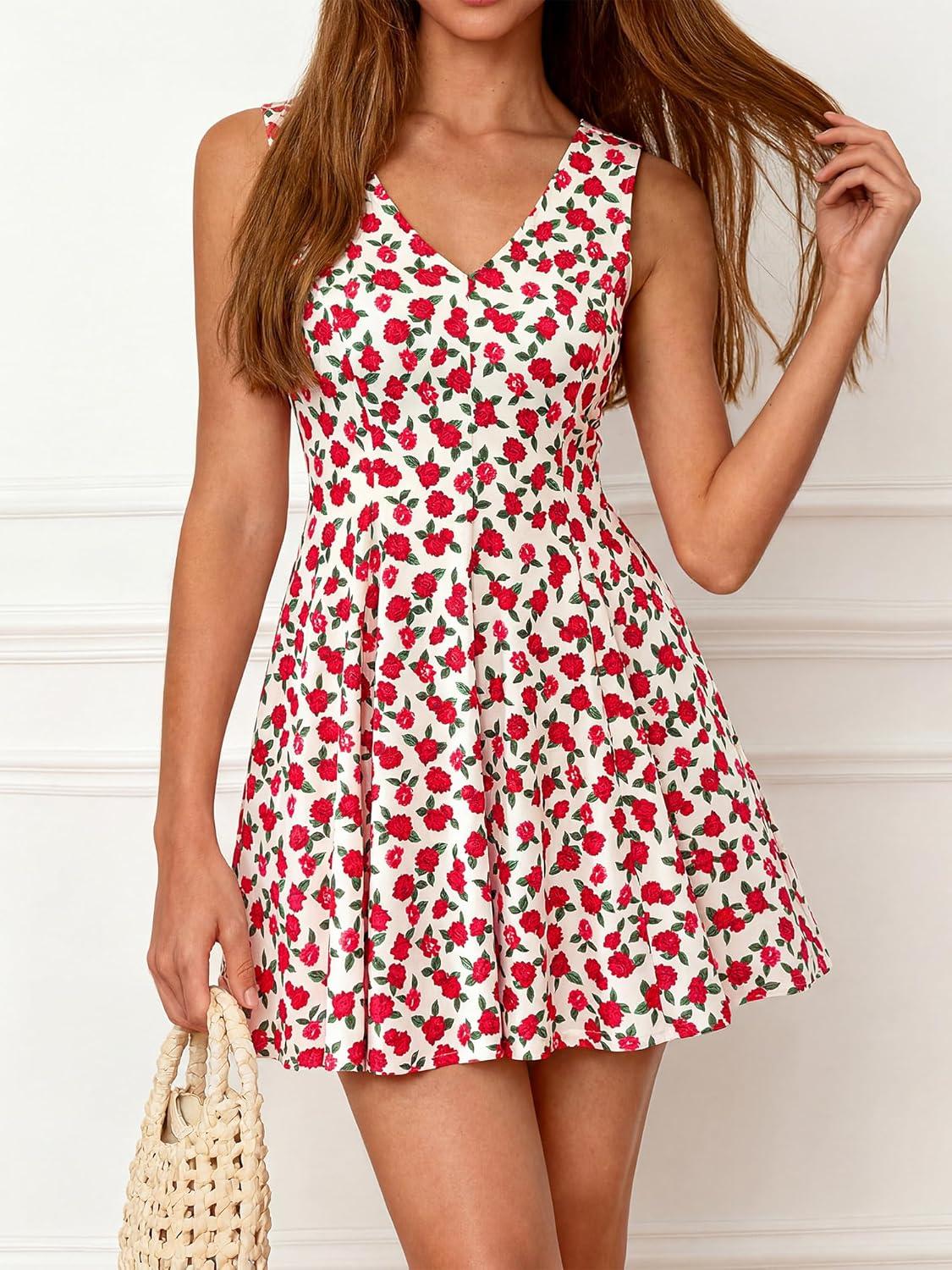 imageBTFBM Womens Summer Dresses 2026 Spring Casual Sleeveless Floral Knit Flowy ALine Mini Dress Pockets Beach SundressFloral Beige Red