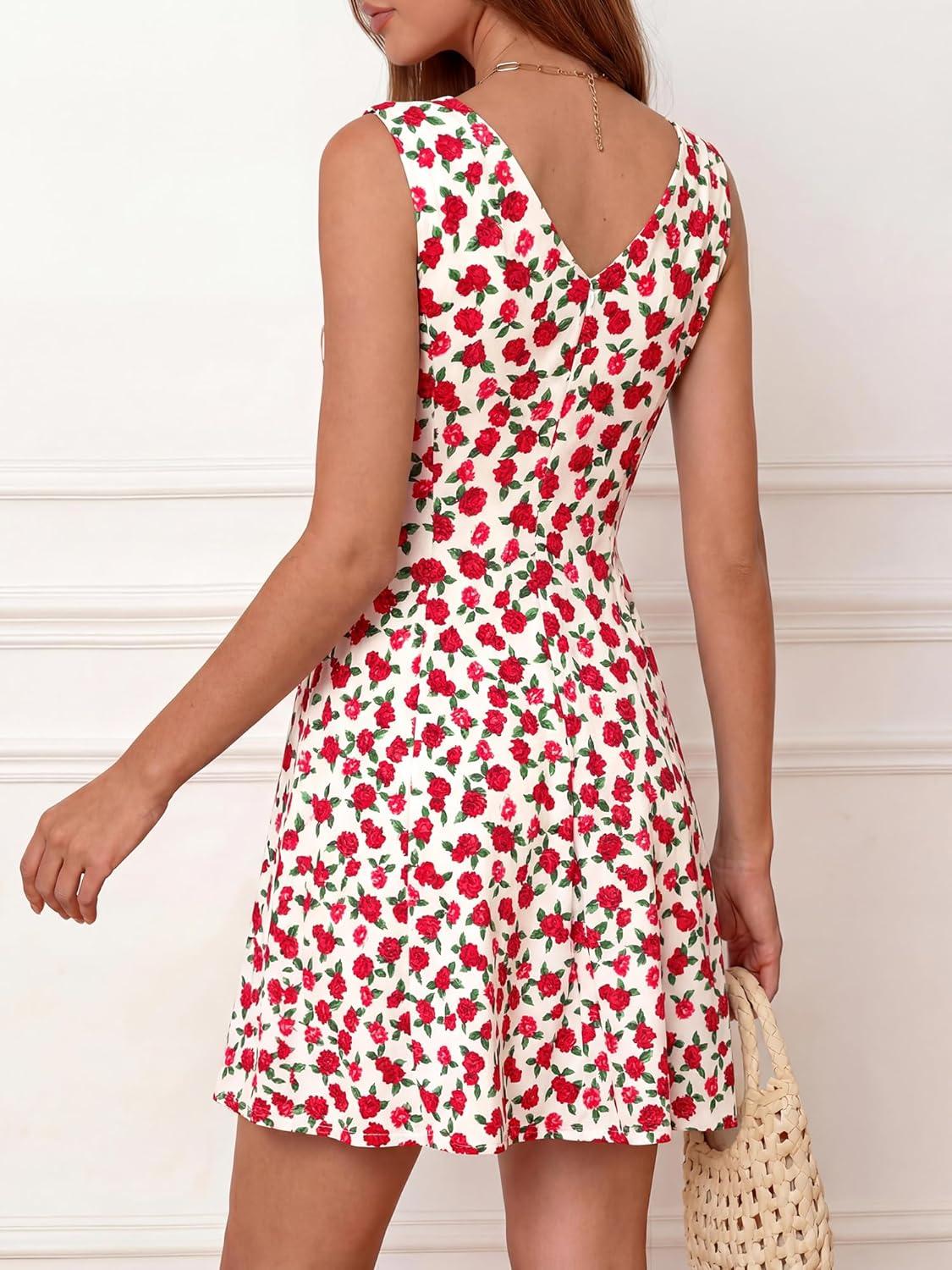 imageBTFBM Womens Summer Dresses 2026 Spring Casual Sleeveless Floral Knit Flowy ALine Mini Dress Pockets Beach SundressFloral Beige Red