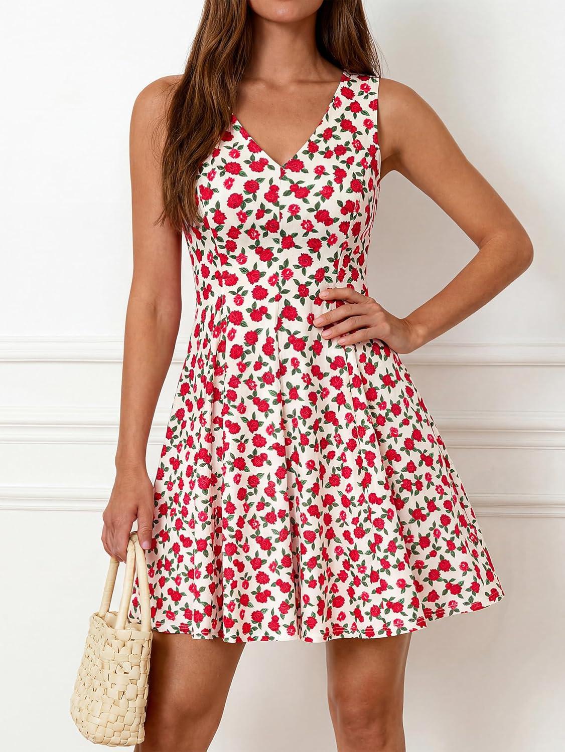 imageBTFBM Womens Summer Dresses 2026 Spring Casual Sleeveless Floral Knit Flowy ALine Mini Dress Pockets Beach SundressFloral Beige Red