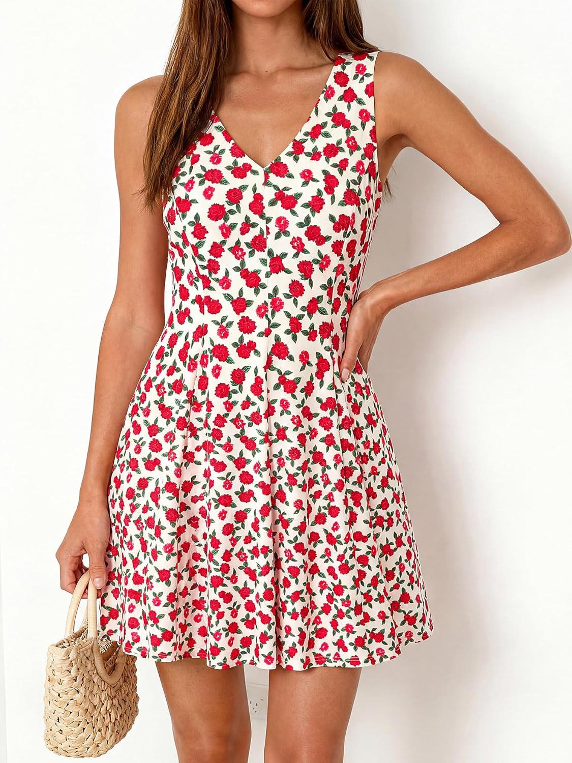 imageBTFBM Womens Summer Dresses 2026 Spring Casual Sleeveless Floral Knit Flowy ALine Mini Dress Pockets Beach SundressFloral Beige Red