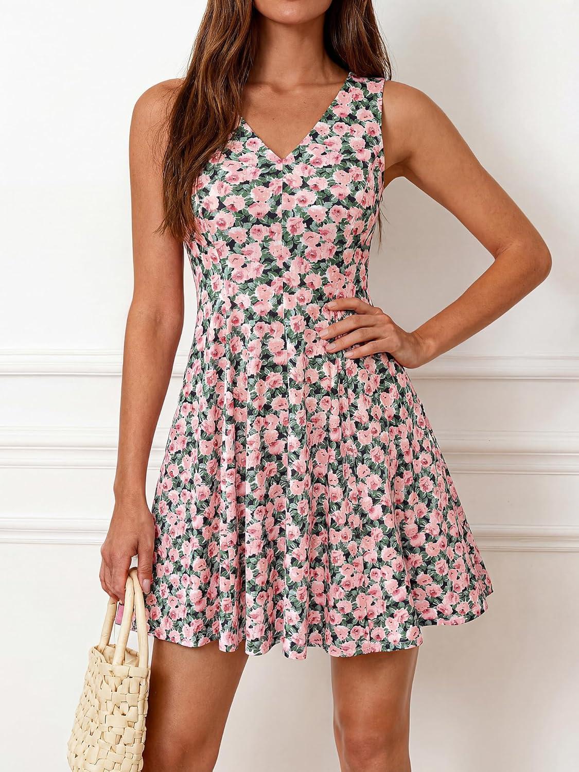 imageBTFBM Womens Summer Dresses 2026 Spring Casual Sleeveless Floral Knit Flowy ALine Mini Dress Pockets Beach SundressFloral Black Pink