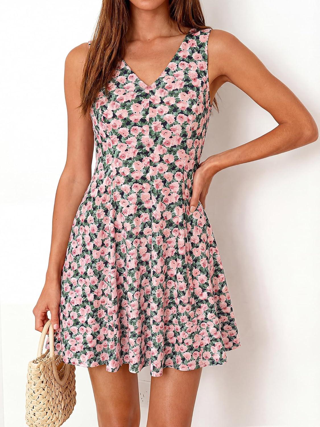 imageBTFBM Womens Summer Dresses 2026 Spring Casual Sleeveless Floral Knit Flowy ALine Mini Dress Pockets Beach SundressFloral Black Pink