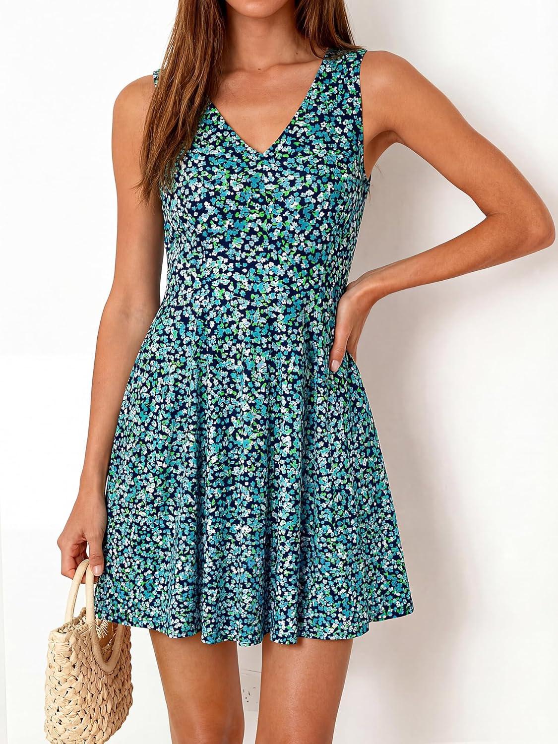imageBTFBM Womens Summer Dresses 2026 Spring Casual Sleeveless Floral Knit Flowy ALine Mini Dress Pockets Beach SundressFloral Blue Green