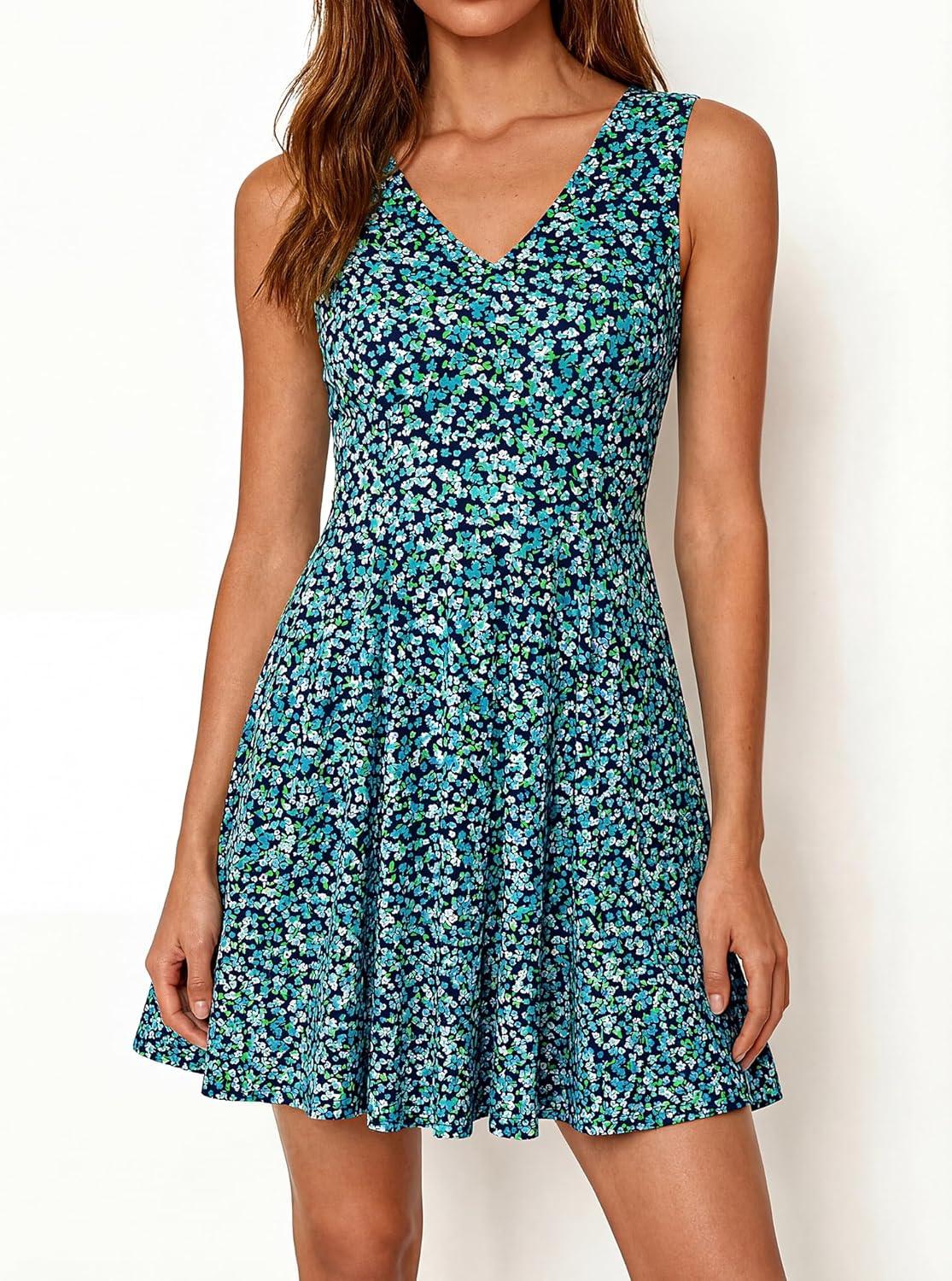 imageBTFBM Womens Summer Dresses 2026 Spring Casual Sleeveless Floral Knit Flowy ALine Mini Dress Pockets Beach SundressFloral Blue Green