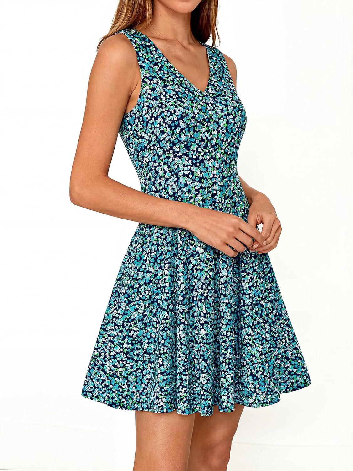 imageBTFBM Womens Summer Dresses 2026 Spring Casual Sleeveless Floral Knit Flowy ALine Mini Dress Pockets Beach SundressFloral Blue Green