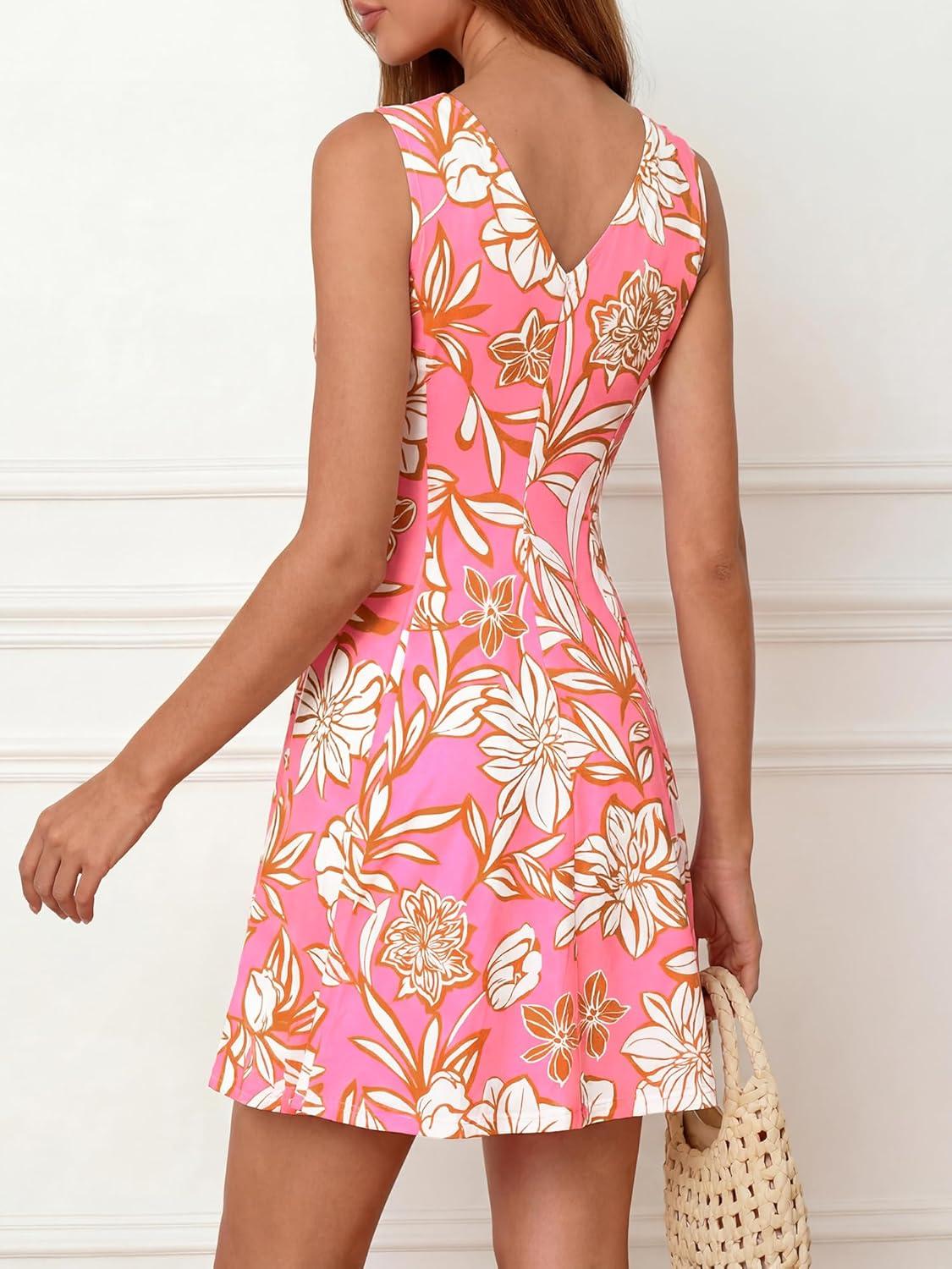 imageBTFBM Womens Summer Dresses 2026 Spring Casual Sleeveless Floral Knit Flowy ALine Mini Dress Pockets Beach SundressFloral Pink Beige