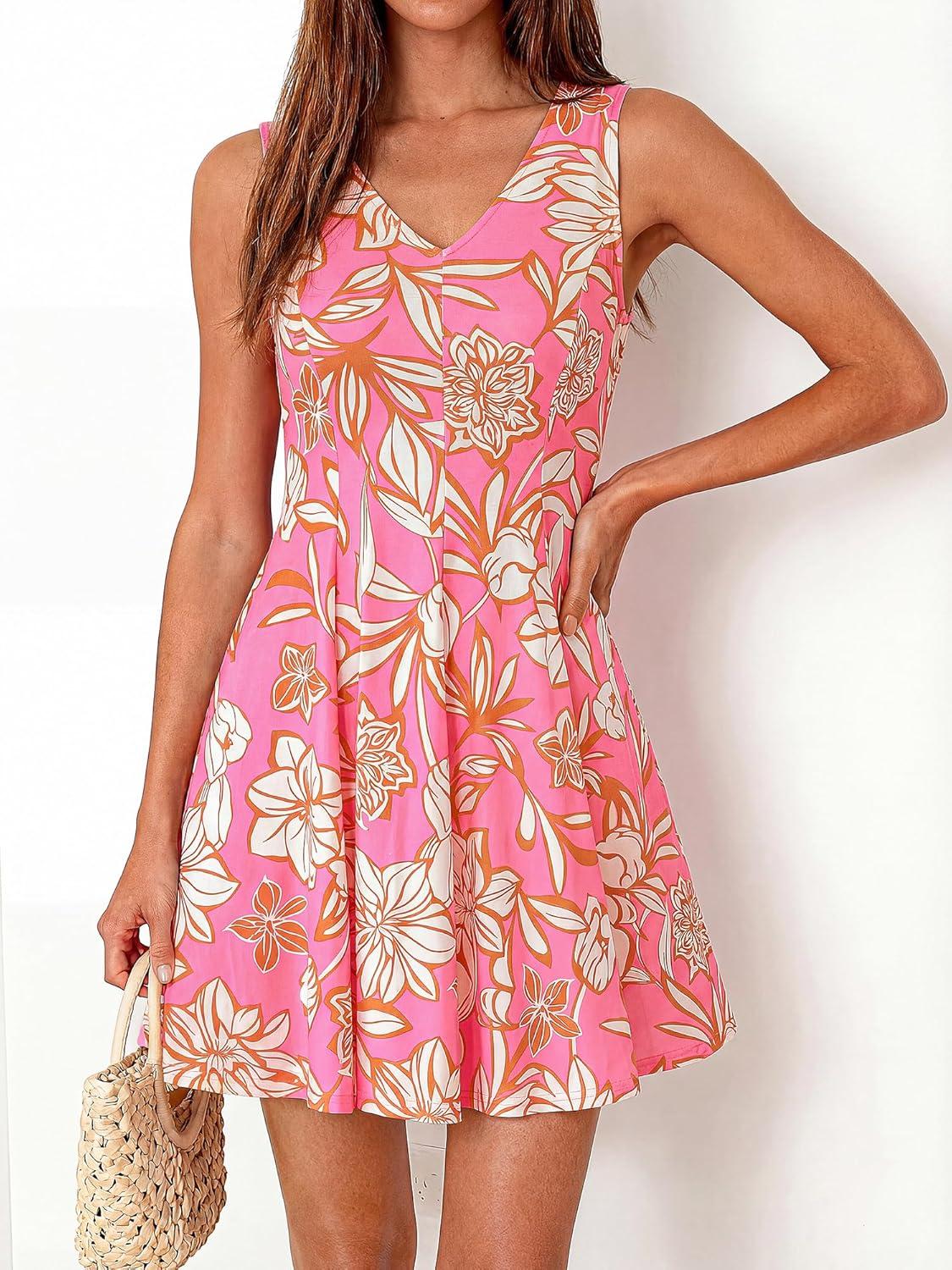 imageBTFBM Womens Summer Dresses 2026 Spring Casual Sleeveless Floral Knit Flowy ALine Mini Dress Pockets Beach SundressFloral Pink Beige