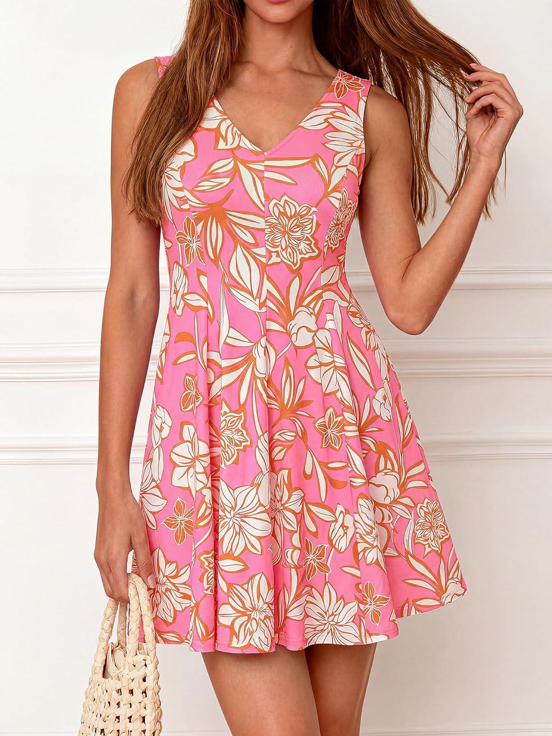 imageBTFBM Womens Summer Dresses 2026 Spring Casual Sleeveless Floral Knit Flowy ALine Mini Dress Pockets Beach SundressFloral Pink Beige