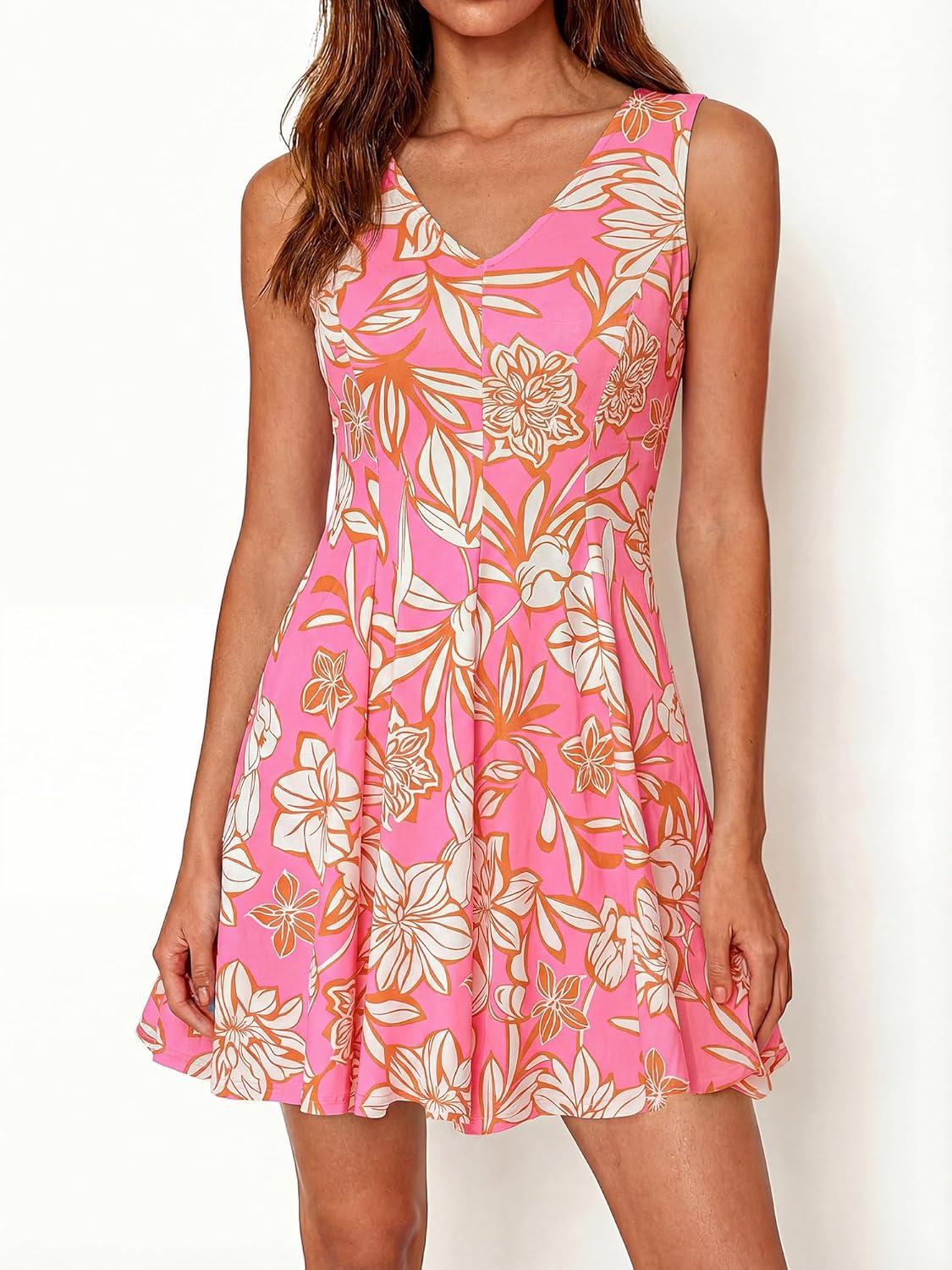 imageBTFBM Womens Summer Dresses 2026 Spring Casual Sleeveless Floral Knit Flowy ALine Mini Dress Pockets Beach SundressFloral Pink Beige