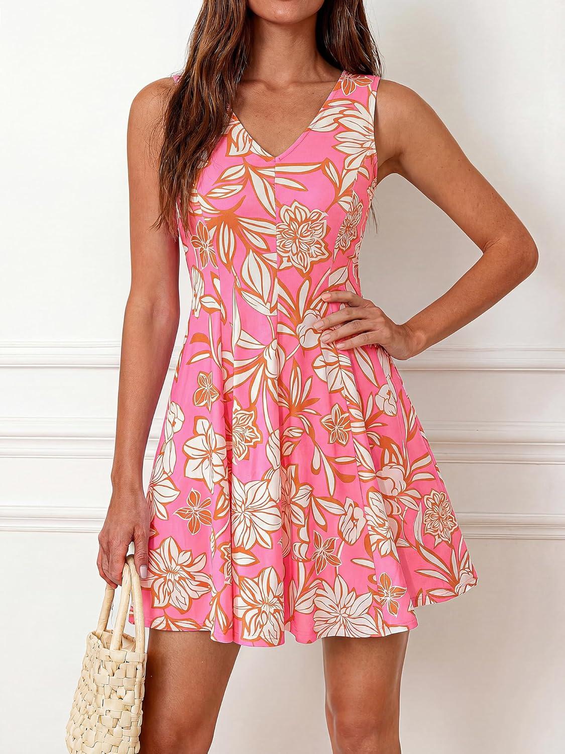 imageBTFBM Womens Summer Dresses 2026 Spring Casual Sleeveless Floral Knit Flowy ALine Mini Dress Pockets Beach SundressFloral Pink Beige