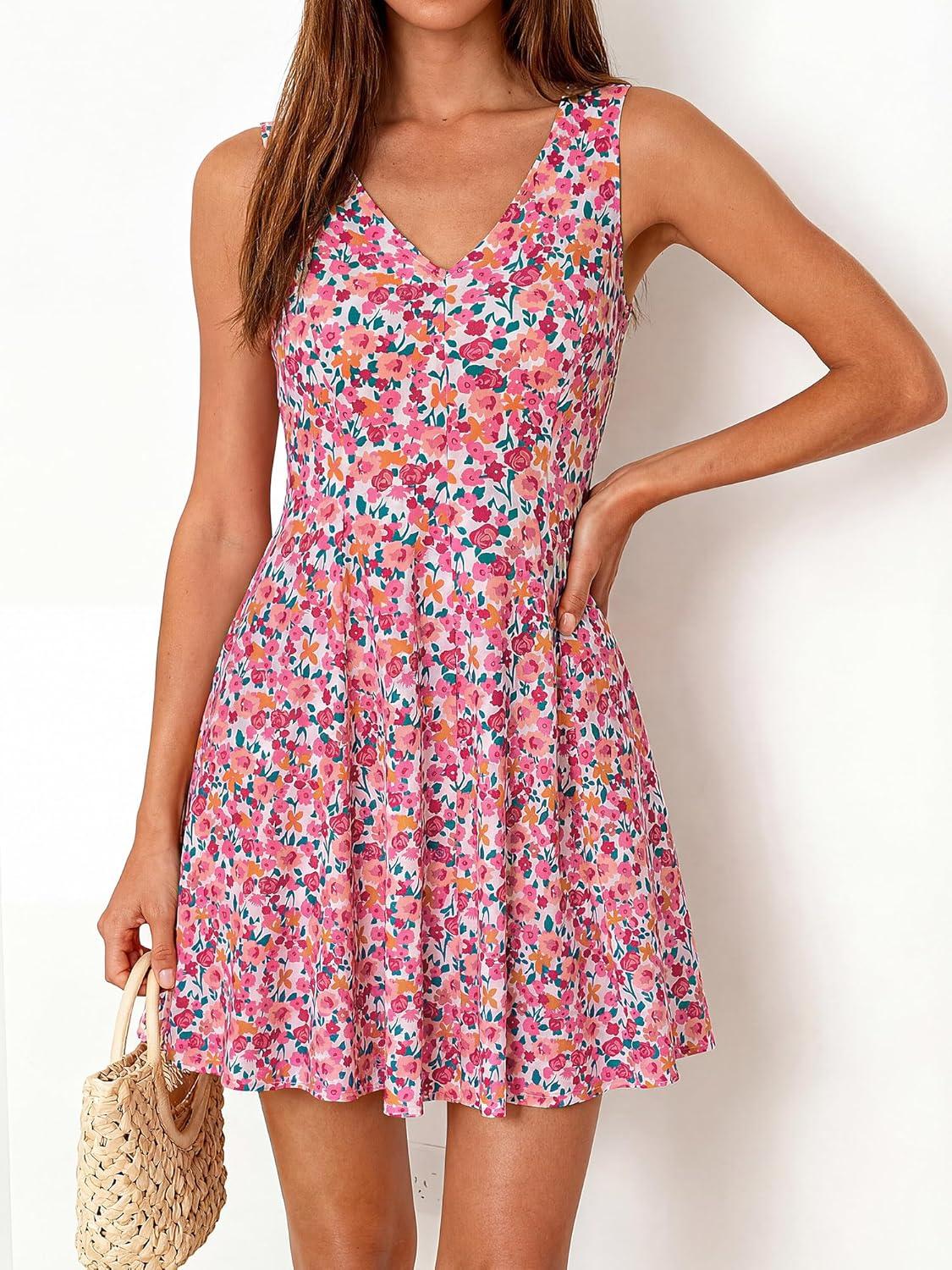 imageBTFBM Womens Summer Dresses 2026 Spring Casual Sleeveless Floral Knit Flowy ALine Mini Dress Pockets Beach SundressWhite Multi