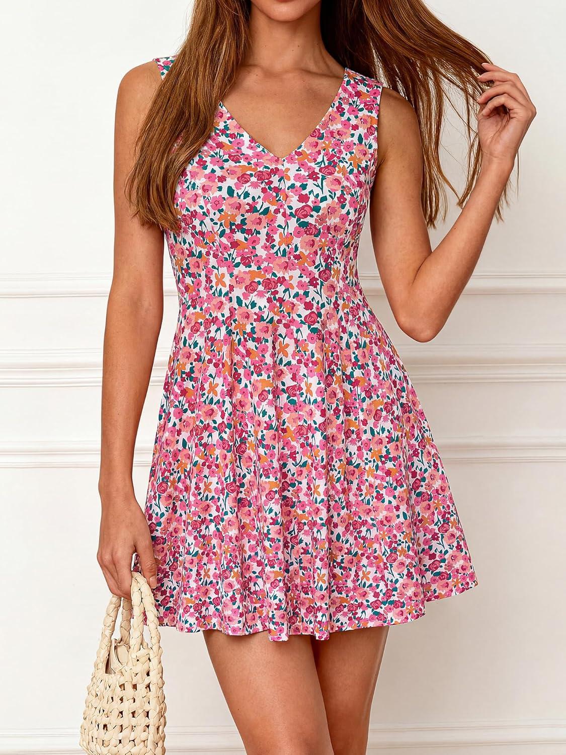 imageBTFBM Womens Summer Dresses 2026 Spring Casual Sleeveless Floral Knit Flowy ALine Mini Dress Pockets Beach SundressWhite Multi