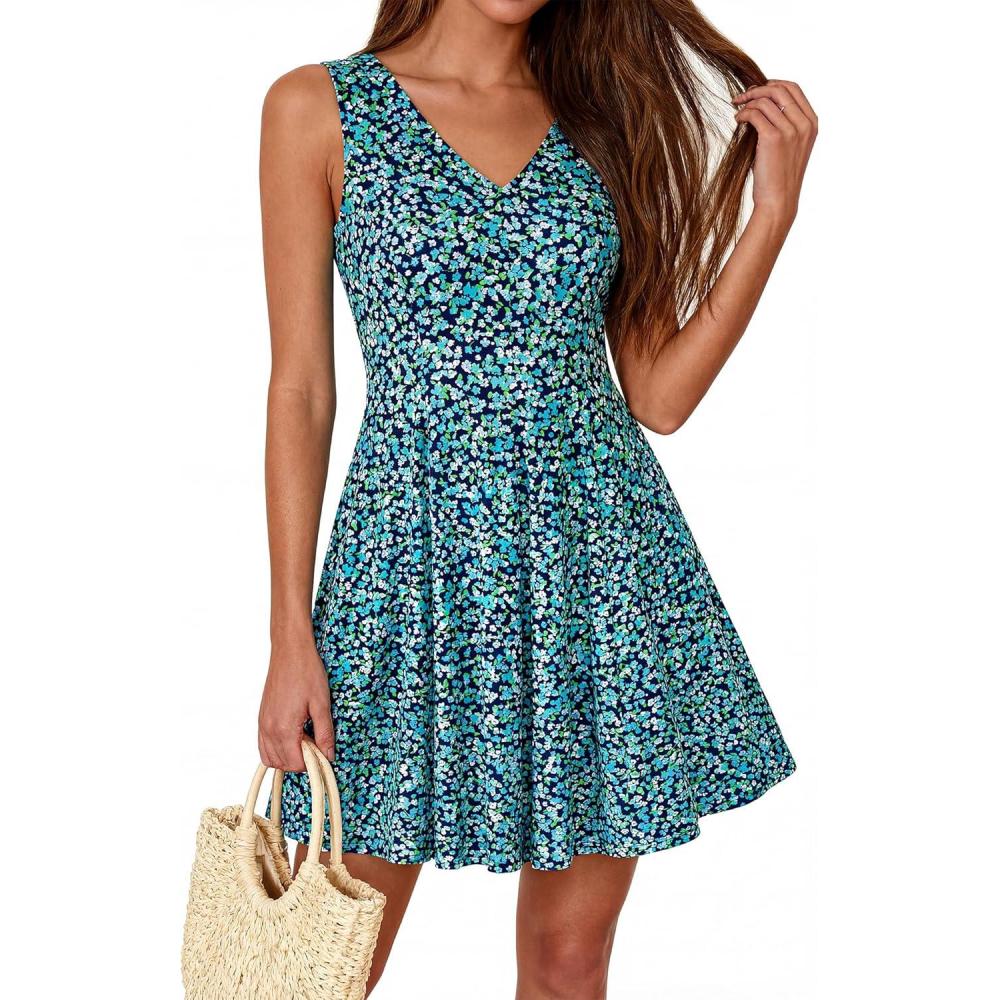 imageBTFBM Womens Summer Dresses 2026 Spring Casual Sleeveless Floral Knit Flowy ALine Mini Dress Pockets Beach SundressFloral Blue Green