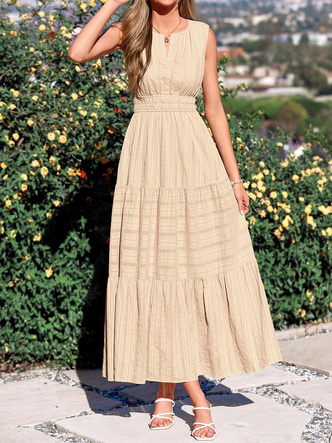 imageBTFBM Summer Dresses for Women 2026 Sleeveless Boho V Neck A Line Flowy Spring Casual Maxi Dress Beach Vacation PocketsApricot
