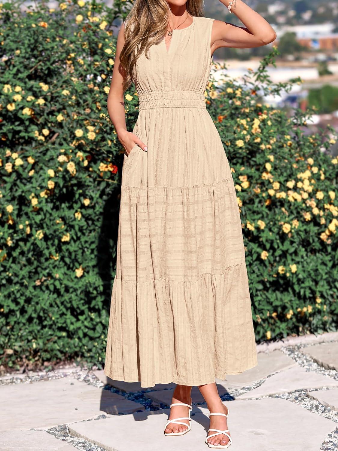 imageBTFBM Summer Dresses for Women 2026 Sleeveless Boho V Neck A Line Flowy Spring Casual Maxi Dress Beach Vacation PocketsApricot