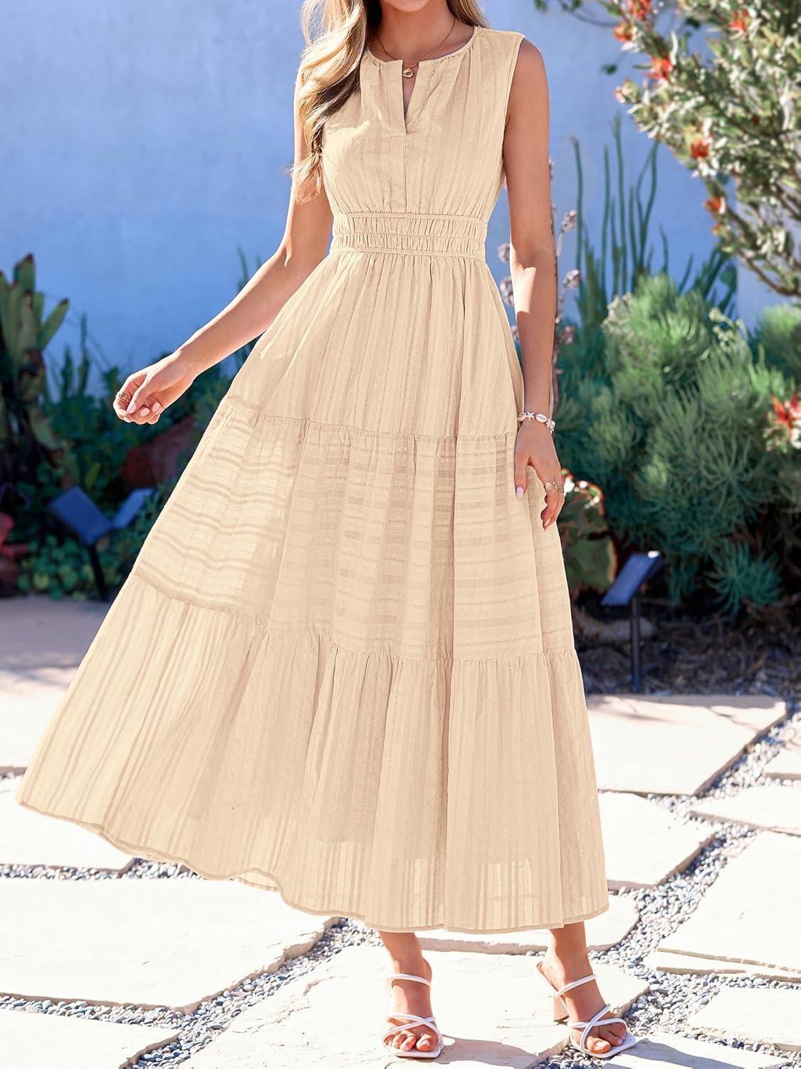 imageBTFBM Summer Dresses for Women 2026 Sleeveless Boho V Neck A Line Flowy Spring Casual Maxi Dress Beach Vacation PocketsApricot