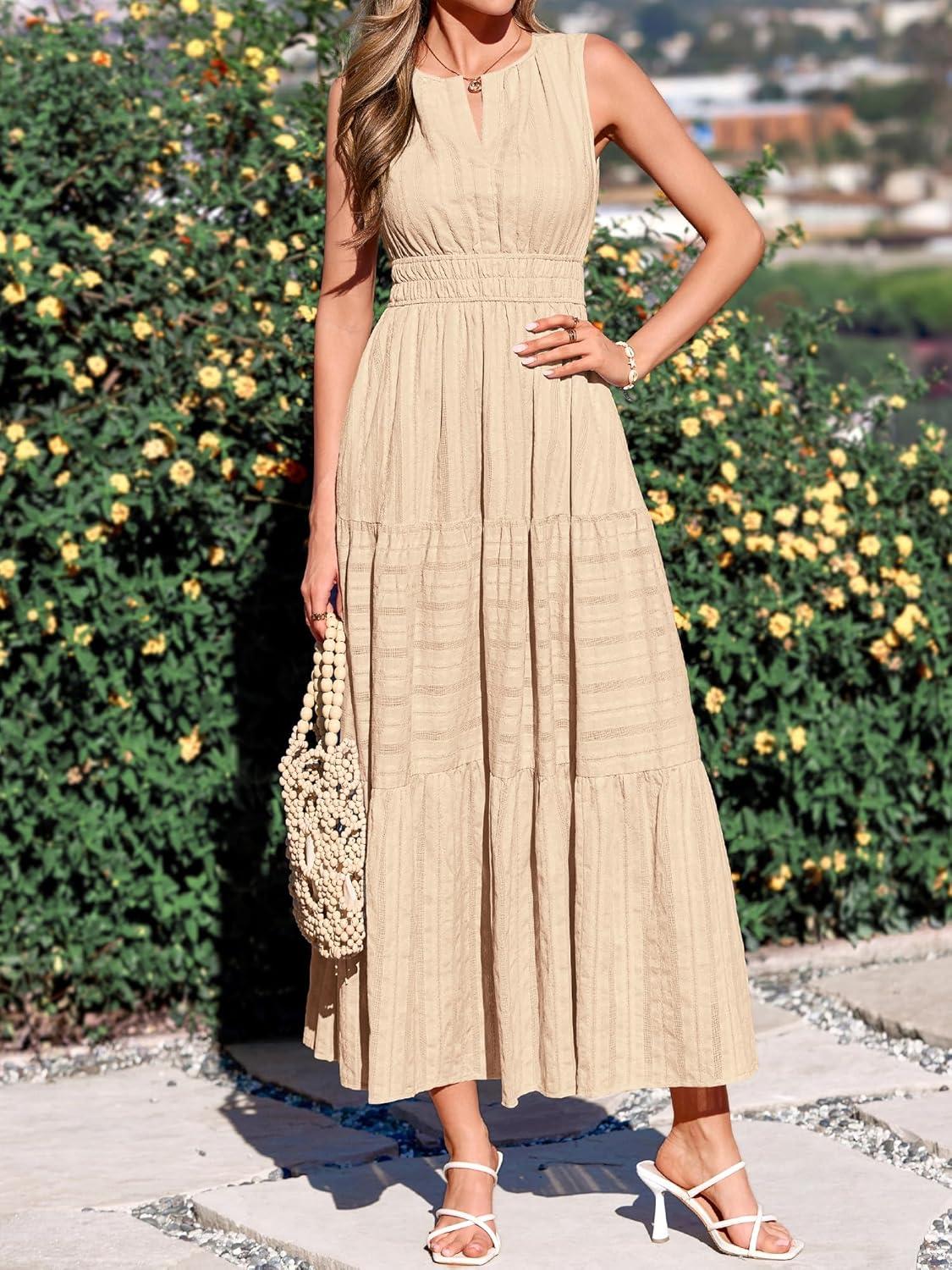 imageBTFBM Summer Dresses for Women 2026 Sleeveless Boho V Neck A Line Flowy Spring Casual Maxi Dress Beach Vacation PocketsApricot