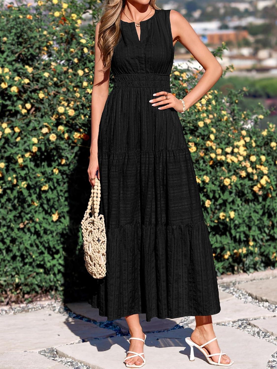 imageBTFBM Summer Dresses for Women 2026 Sleeveless Boho V Neck A Line Flowy Spring Casual Maxi Dress Beach Vacation PocketsBlack