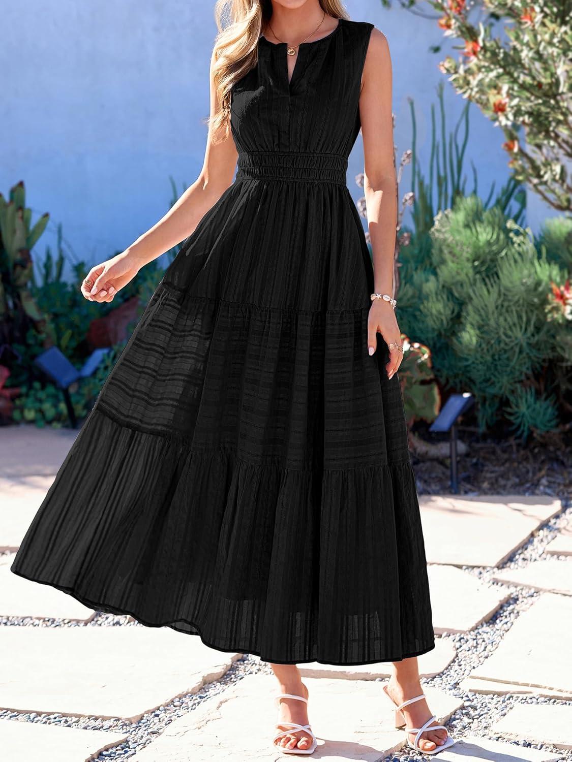 imageBTFBM Summer Dresses for Women 2026 Sleeveless Boho V Neck A Line Flowy Spring Casual Maxi Dress Beach Vacation PocketsBlack